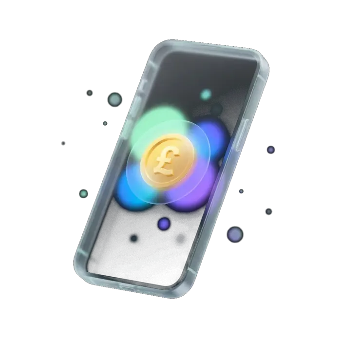 Illustration of a glass mobile phone displaying a loan comparison app with a pound sterling coin