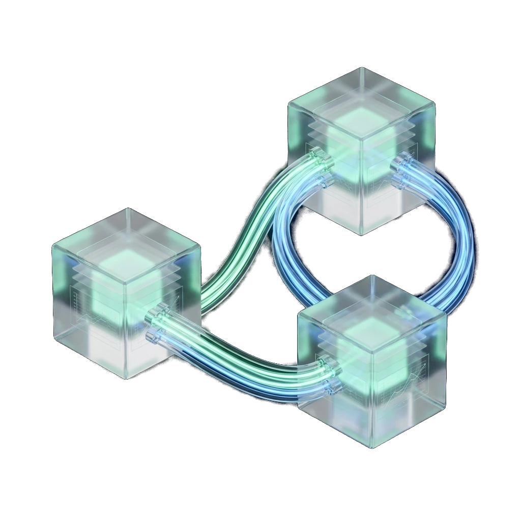 Illustration of three interconnected glowing glass cubes with data flowing between them, representing the three main UK credit reference agencies