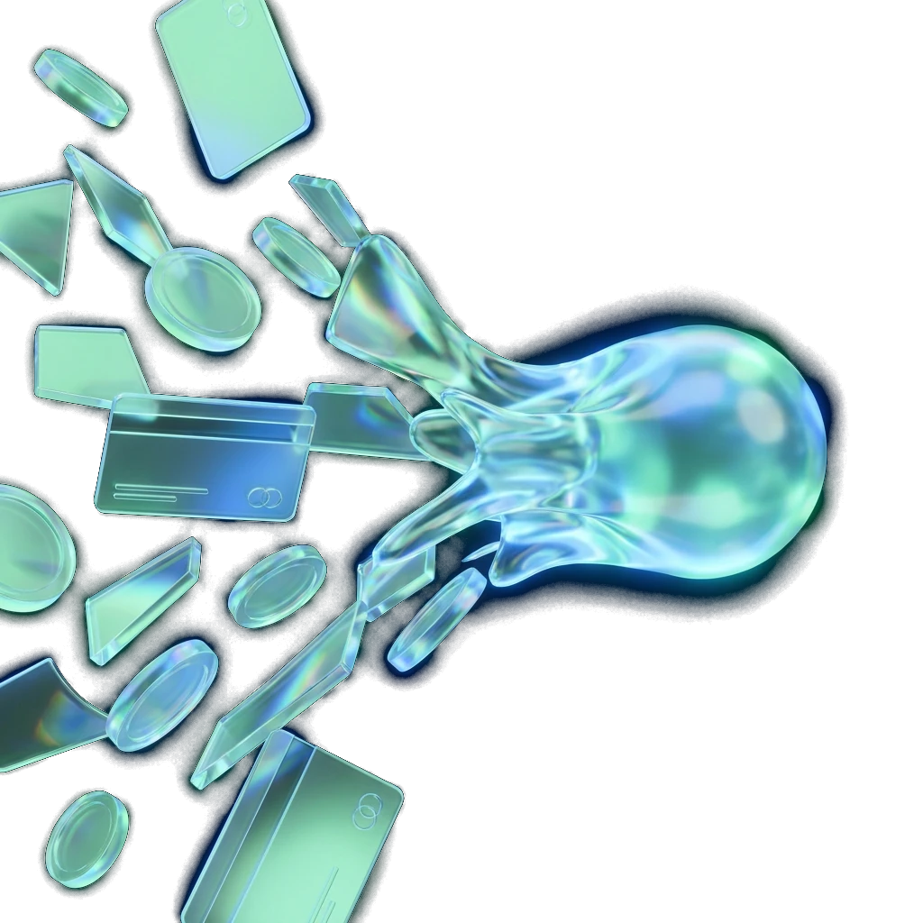Illustration of multiple glowing glass shapes merging into a single unified glass stream, representing several debts combined into one loan