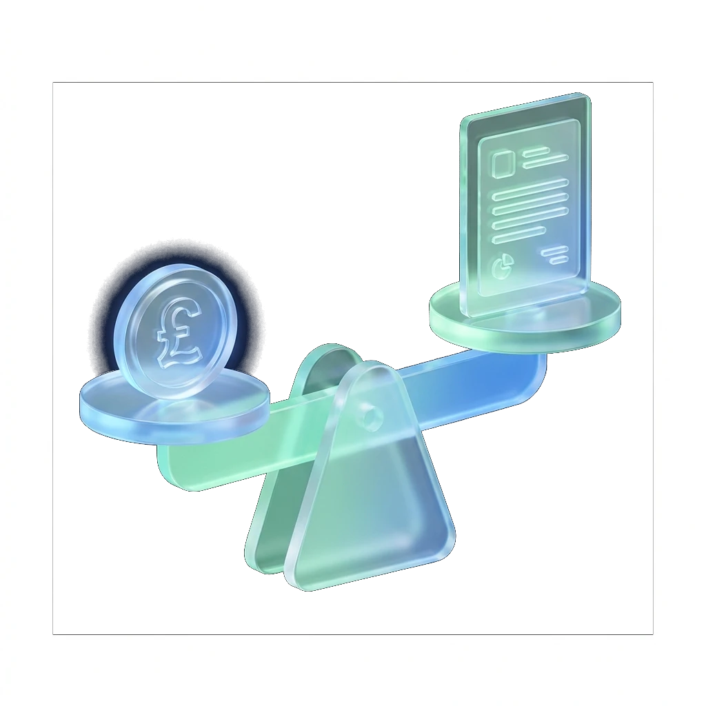 Illustration of a glowing glass balance scale with a pound coin and a document representing affordability assessment