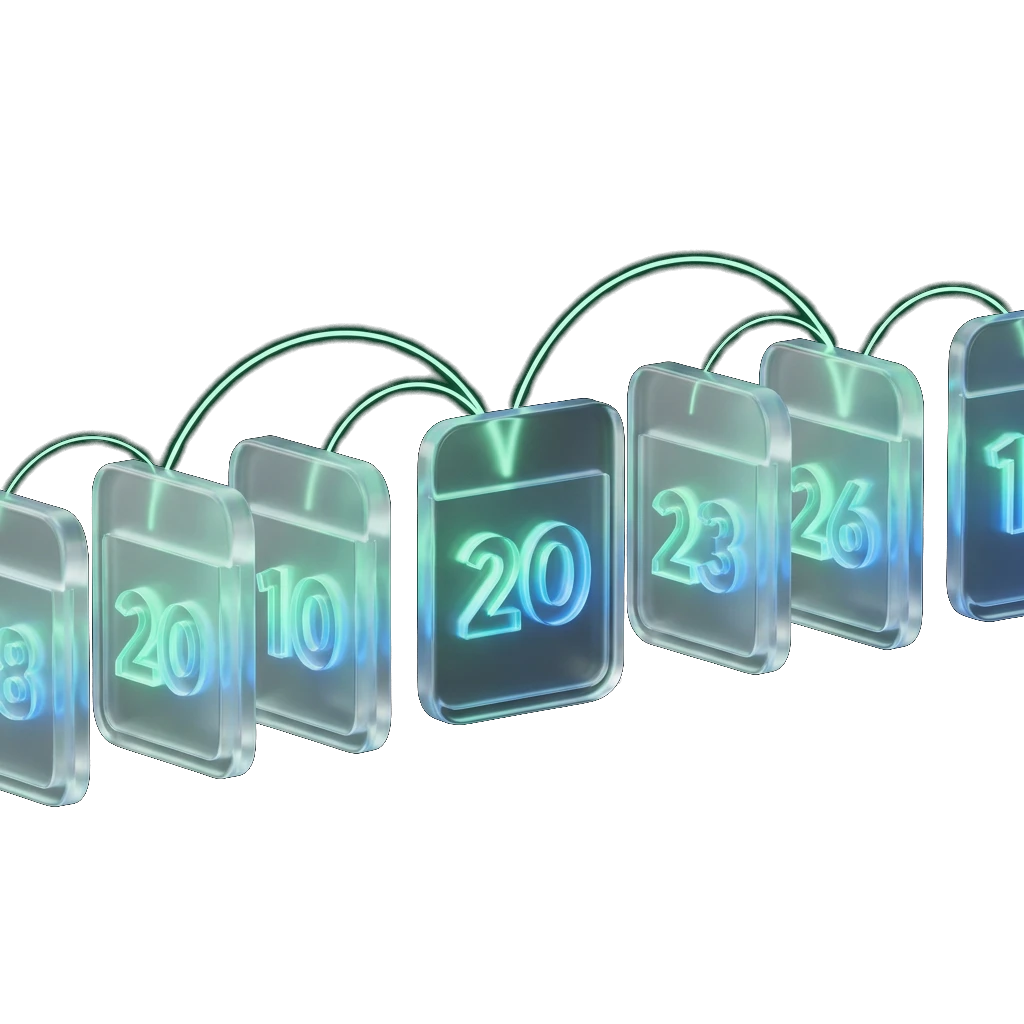 Illustration of glowing glass month tiles connected by a luminous arc, symbolising structured monthly instalment loan repayments over time