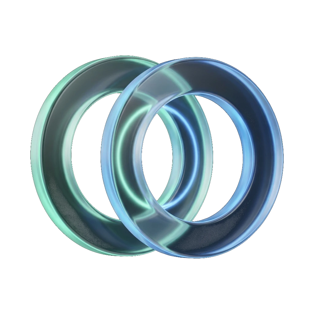 Illustration of two interlocking glowing glass rings in mint green and electric blue, symbolising a joint financial partnership