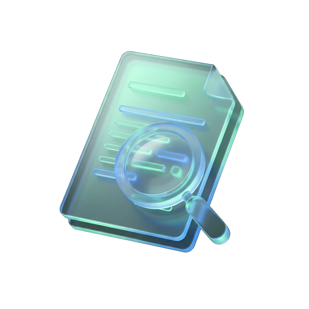 Illustration of a glowing glass document with a magnifying glass hovering over loan agreement terms