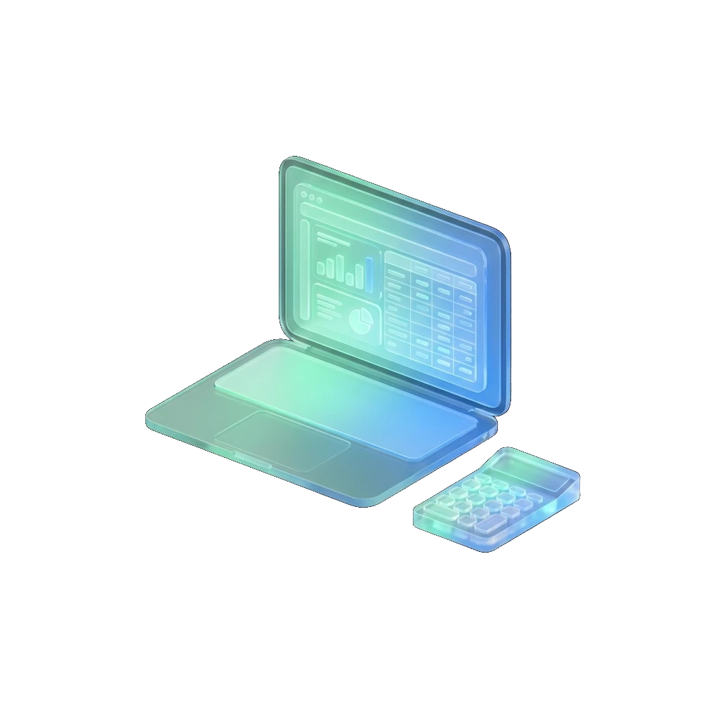 Illustration of a laptop with a glowing spreadsheet and calculator beside it, representing self-employed finances and loan applications