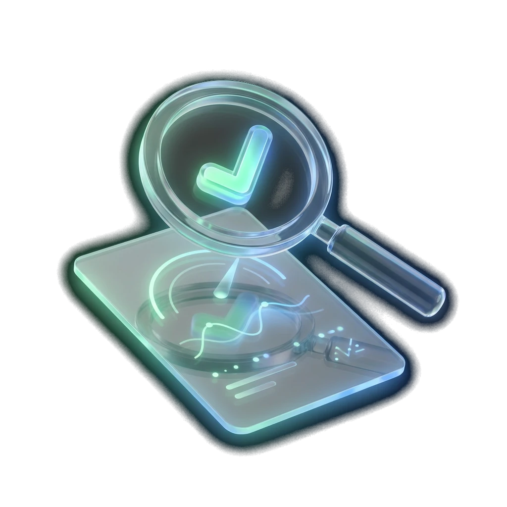 Illustration of a magnifying glass hovering over a credit document with a green checkmark, representing soft credit checks